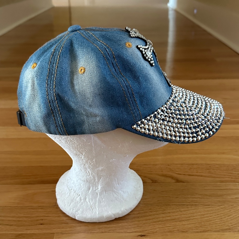 Bling Rhinestone Cross Cap Hat Indigo Soul Distressed Denim - Picture 3 of 13